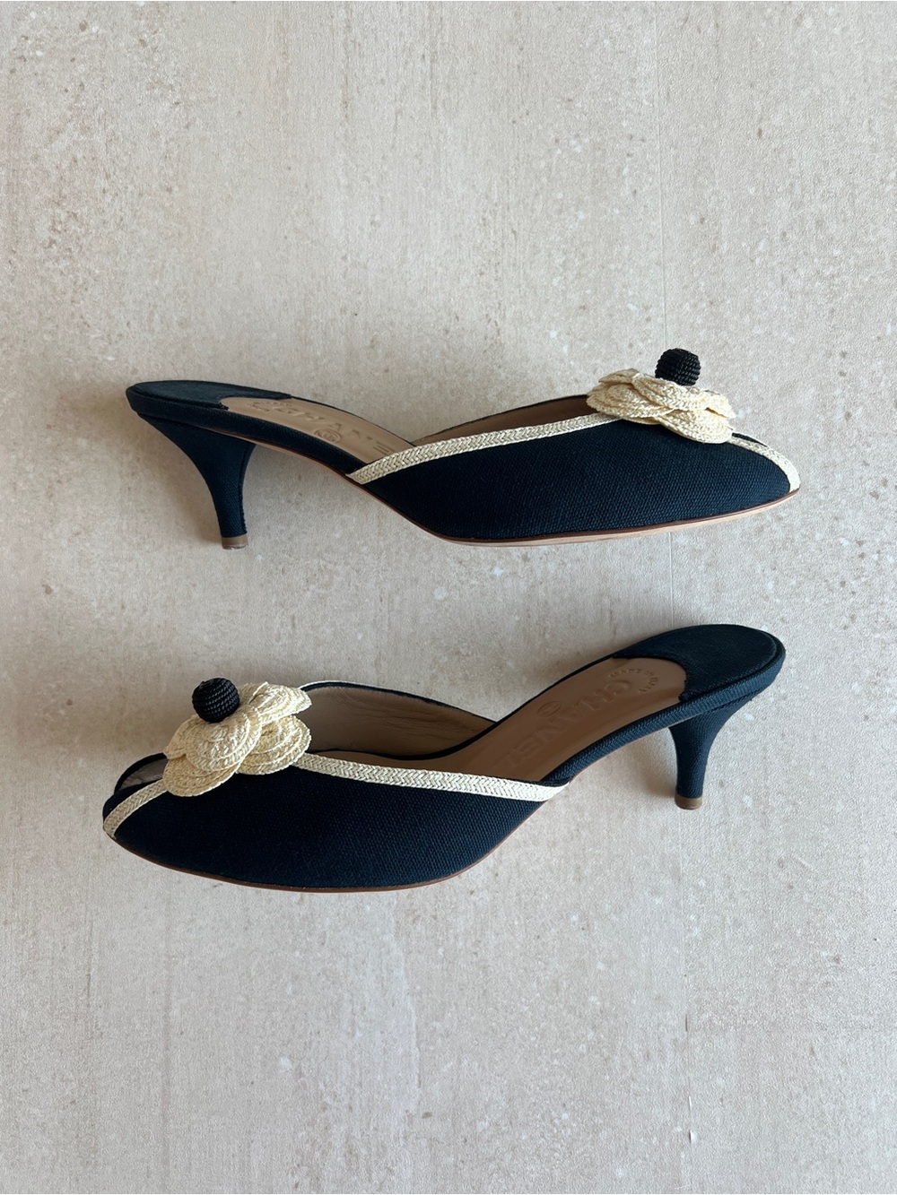 CHANEL Navy and Cream Camellia Kitten Heel Mules - Picture 5 of 9